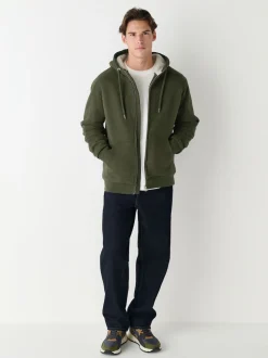 Khaki Green Borg Fleece Lined Full Zip Hoodie