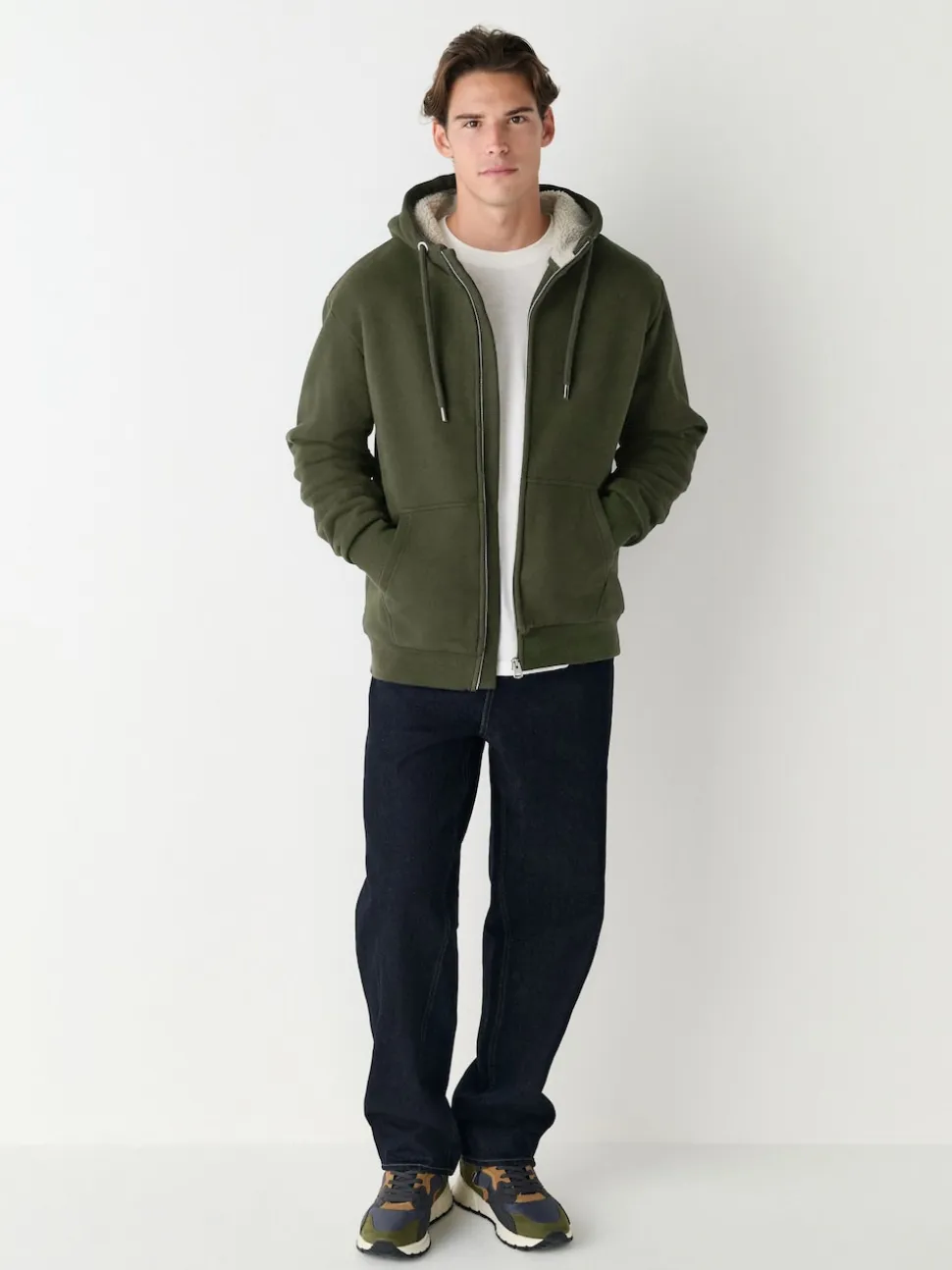 Khaki Green Borg Fleece Lined Full Zip Hoodie