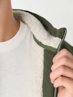 Khaki Green Borg Fleece Lined Full Zip Hoodie