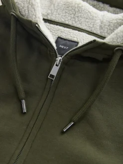 Khaki Green Borg Fleece Lined Full Zip Hoodie