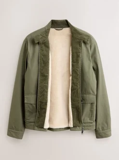 Khaki Green Borg Lined Shower Resistant Harrington Jacket
