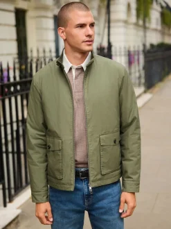 Khaki Green Borg Lined Shower Resistant Harrington Jacket