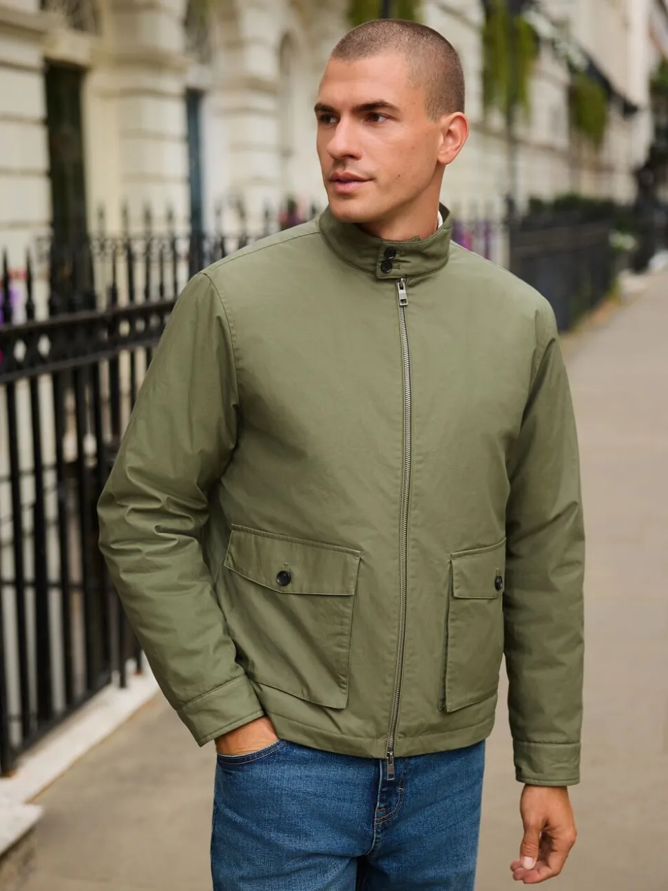 Khaki Green Borg Lined Shower Resistant Harrington Jacket