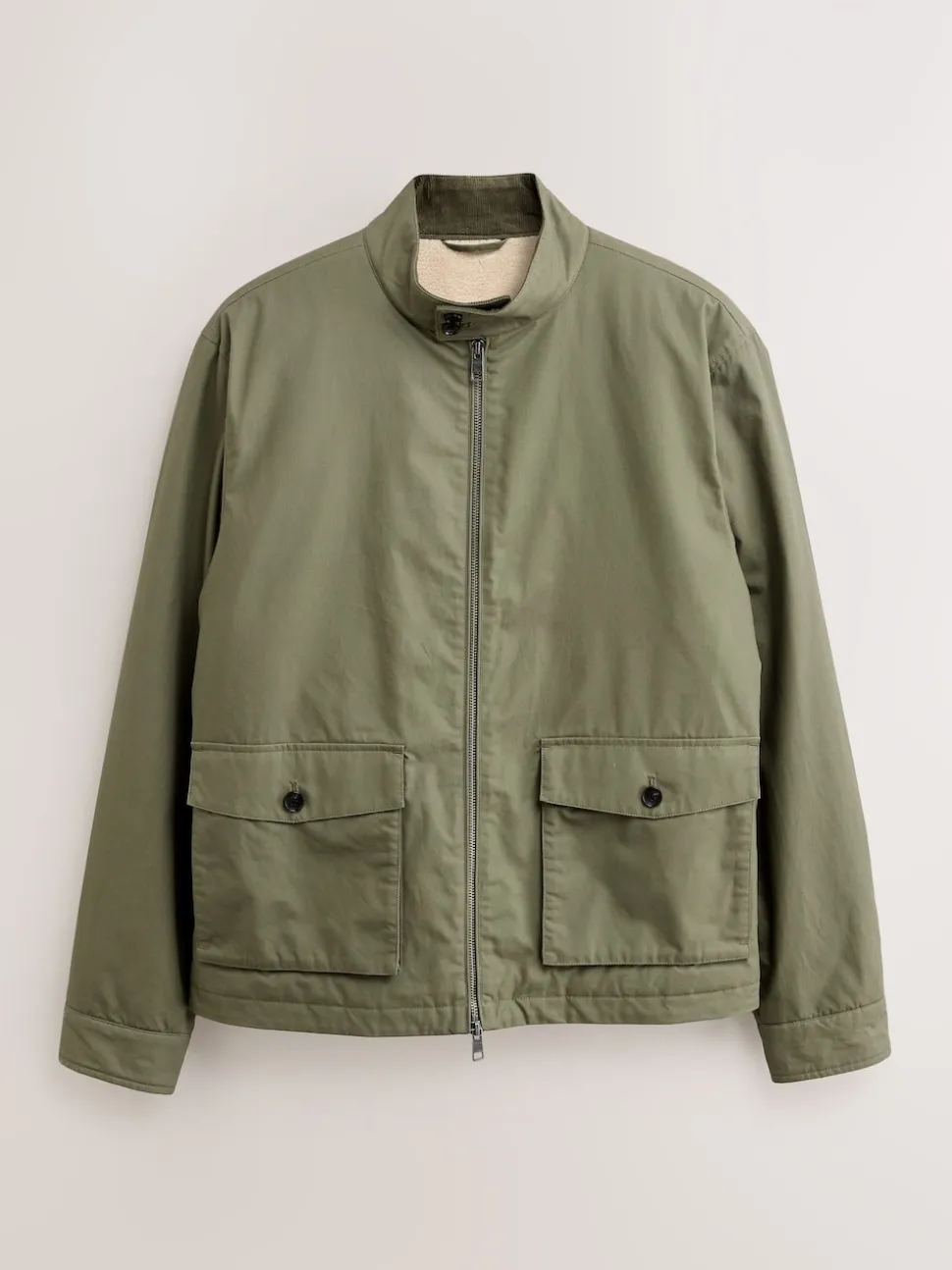 Khaki Green Borg Lined Shower Resistant Harrington Jacket