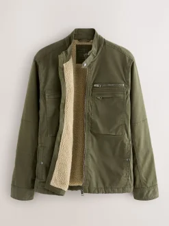 Khaki Green Borg Lined Zip Through Funnel Jacket