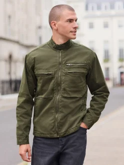 Khaki Green Borg Lined Zip Through Funnel Jacket