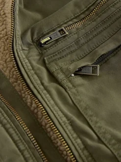 Khaki Green Borg Lined Zip Through Funnel Jacket