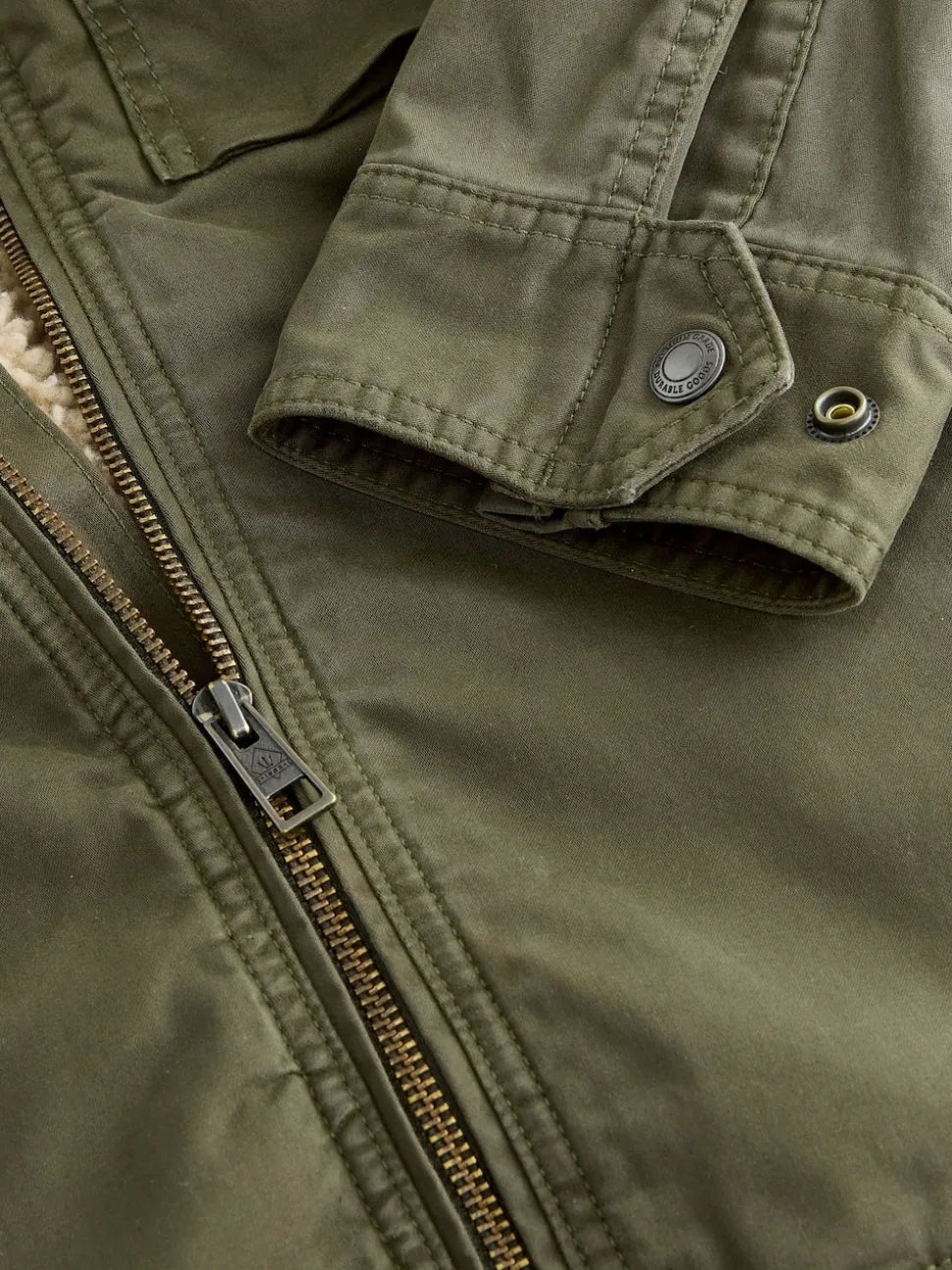 Khaki Green Borg Lined Zip Through Funnel Jacket