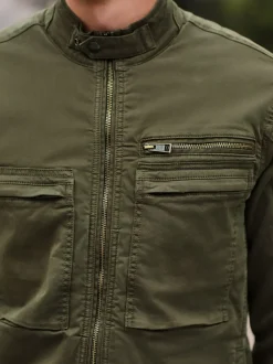 Khaki Green Borg Lined Zip Through Funnel Jacket