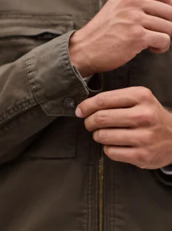 Khaki Green Borg Lined Zip Through Funnel Jacket