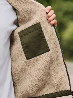 Khaki Green Borg Lined Zip Through Funnel Jacket