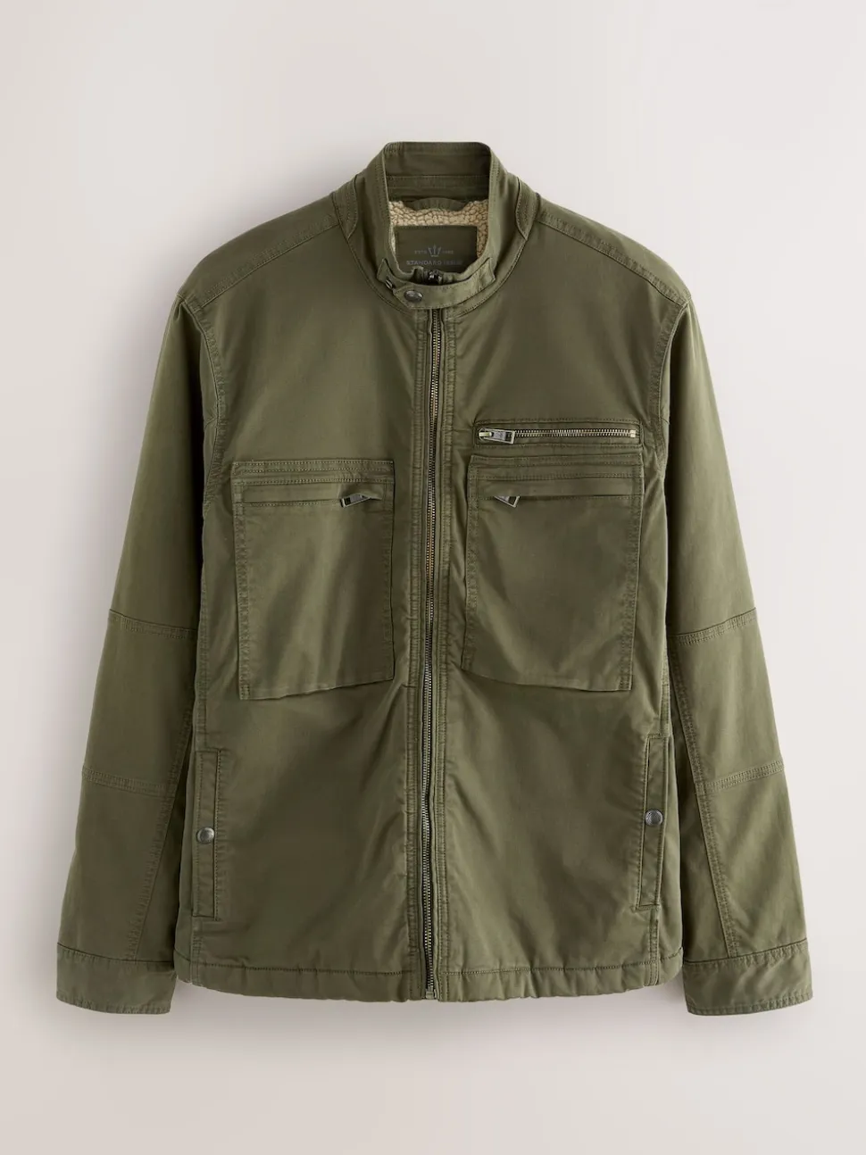 Khaki Green Borg Lined Zip Through Funnel Jacket