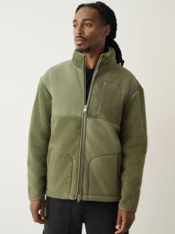 Khaki Green Cord Block Zip Through Funnel Fleece