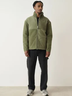 Khaki Green Cord Block Zip Through Funnel Fleece