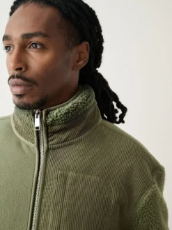 Khaki Green Cord Block Zip Through Funnel Fleece