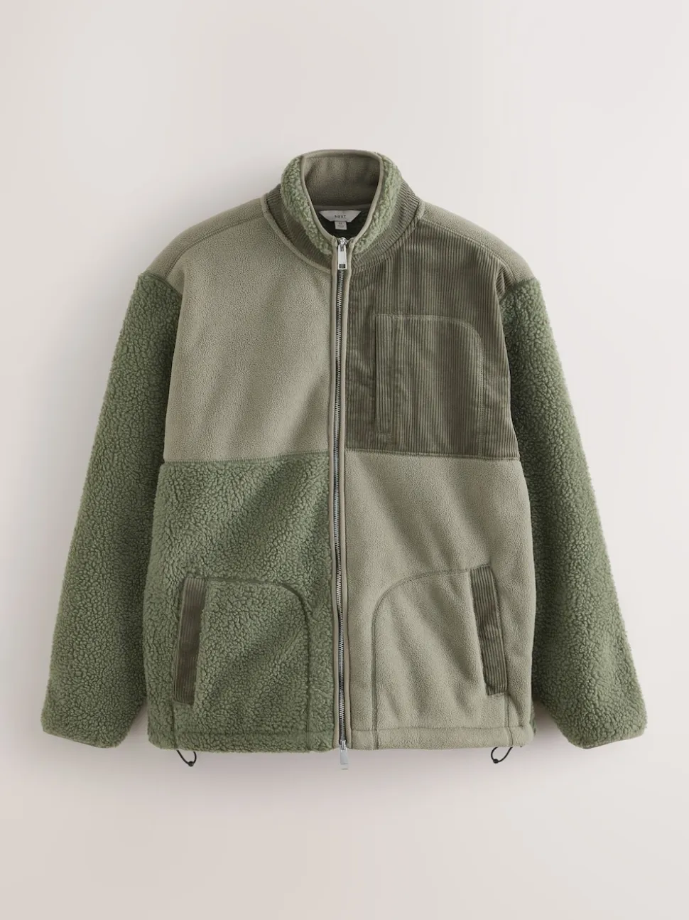 Khaki Green Cord Block Zip Through Funnel Fleece
