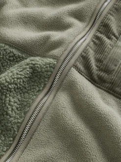 Khaki Green Cord Block Zip Through Funnel Fleece