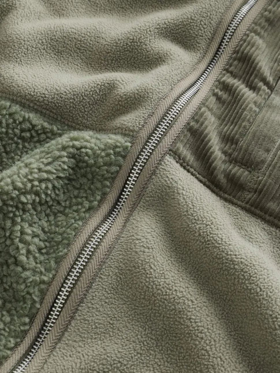 Khaki Green Cord Block Zip Through Funnel Fleece