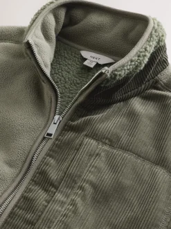 Khaki Green Cord Block Zip Through Funnel Fleece