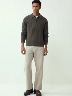 Khaki Green Cosy Rib Knit Long Sleeve Polo Shirt with Wool
