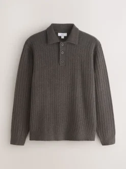 Khaki Green Cosy Rib Knit Long Sleeve Polo Shirt with Wool