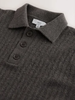 Khaki Green Cosy Rib Knit Long Sleeve Polo Shirt with Wool