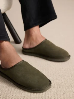 Khaki Green Faux Fur Lined Signature Suede Mule Slippers