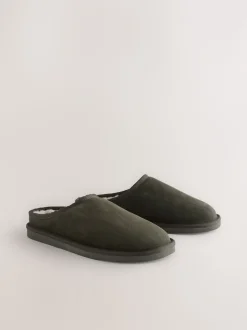 Khaki Green Faux Fur Lined Signature Suede Mule Slippers