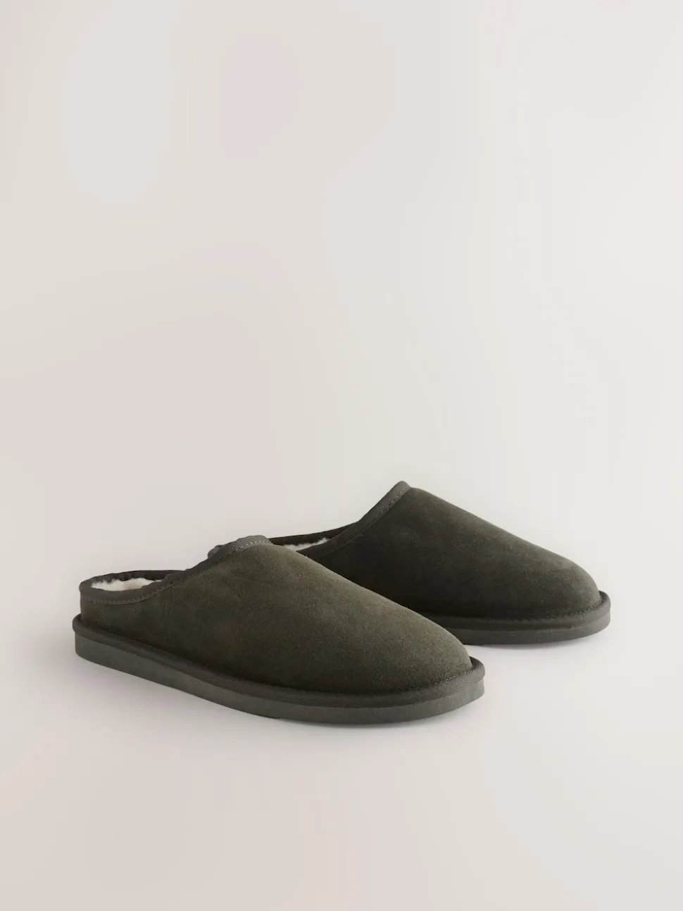 Khaki Green Faux Fur Lined Signature Suede Mule Slippers