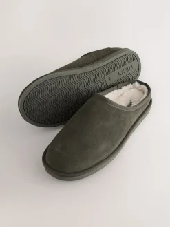 Khaki Green Faux Fur Lined Signature Suede Mule Slippers