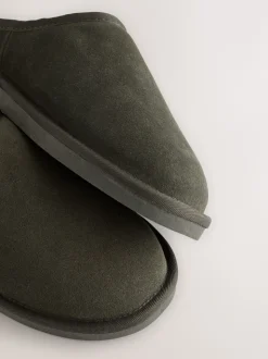 Khaki Green Faux Fur Lined Signature Suede Mule Slippers