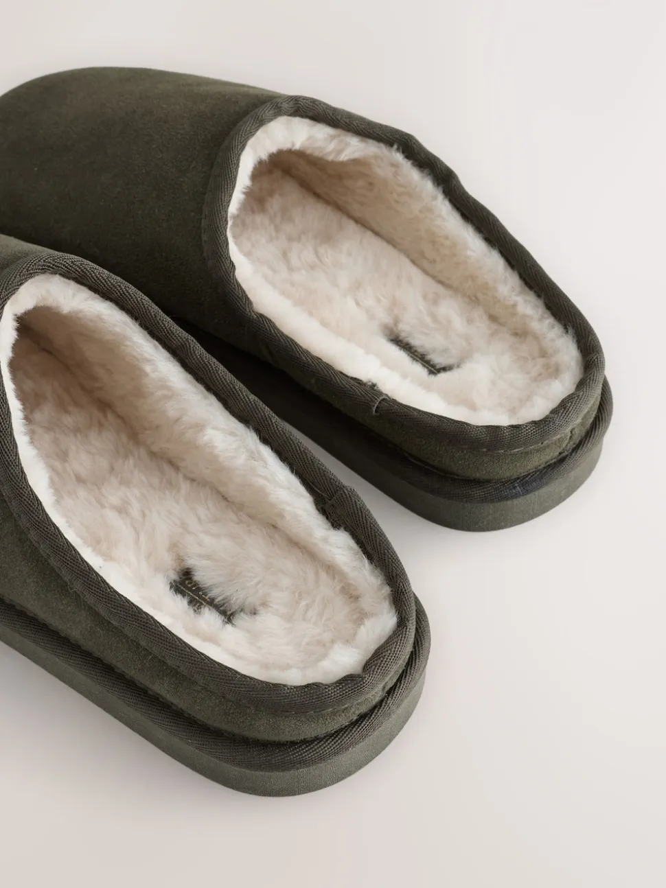 Khaki Green Faux Fur Lined Signature Suede Mule Slippers