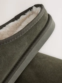 Khaki Green Faux Fur Lined Signature Suede Mule Slippers