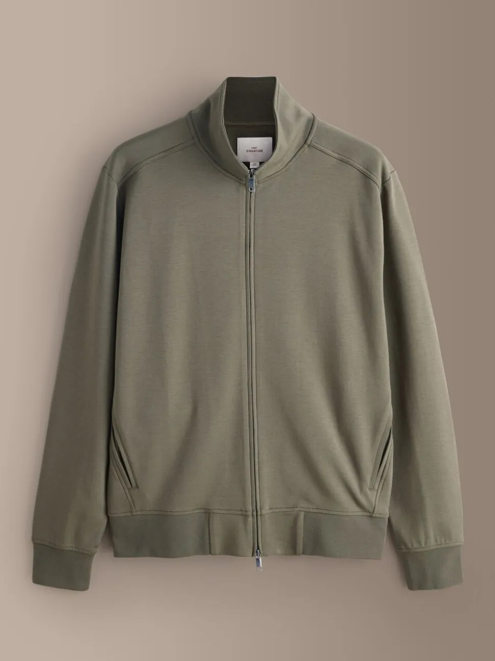 Khaki Green Funnel Neck Zip Through Signature Sweatshirt with Modal