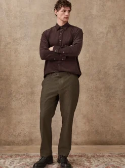 Khaki Green Herringbone Regular Fit Smart Brushed Cotton Trousers