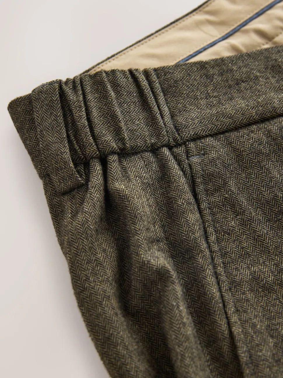 Khaki Green Herringbone Regular Fit Smart Brushed Cotton Trousers