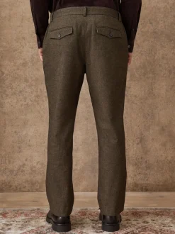 Khaki Green Herringbone Regular Fit Smart Brushed Cotton Trousers