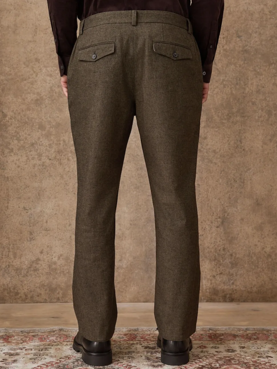 Khaki Green Herringbone Regular Fit Smart Brushed Cotton Trousers