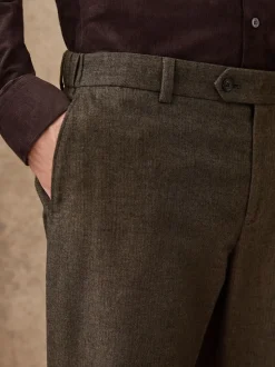 Khaki Green Herringbone Regular Fit Smart Brushed Cotton Trousers