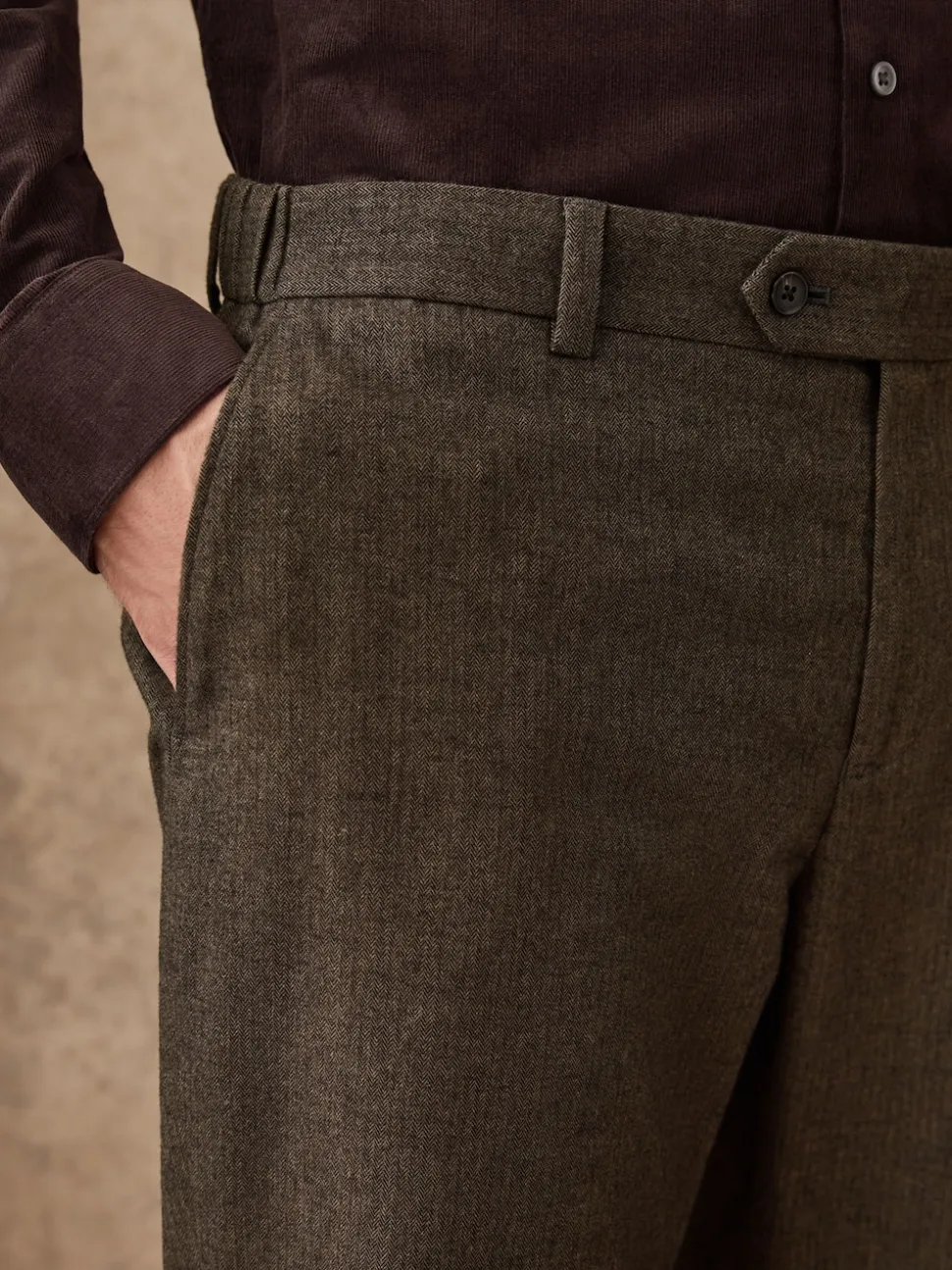 Khaki Green Herringbone Regular Fit Smart Brushed Cotton Trousers