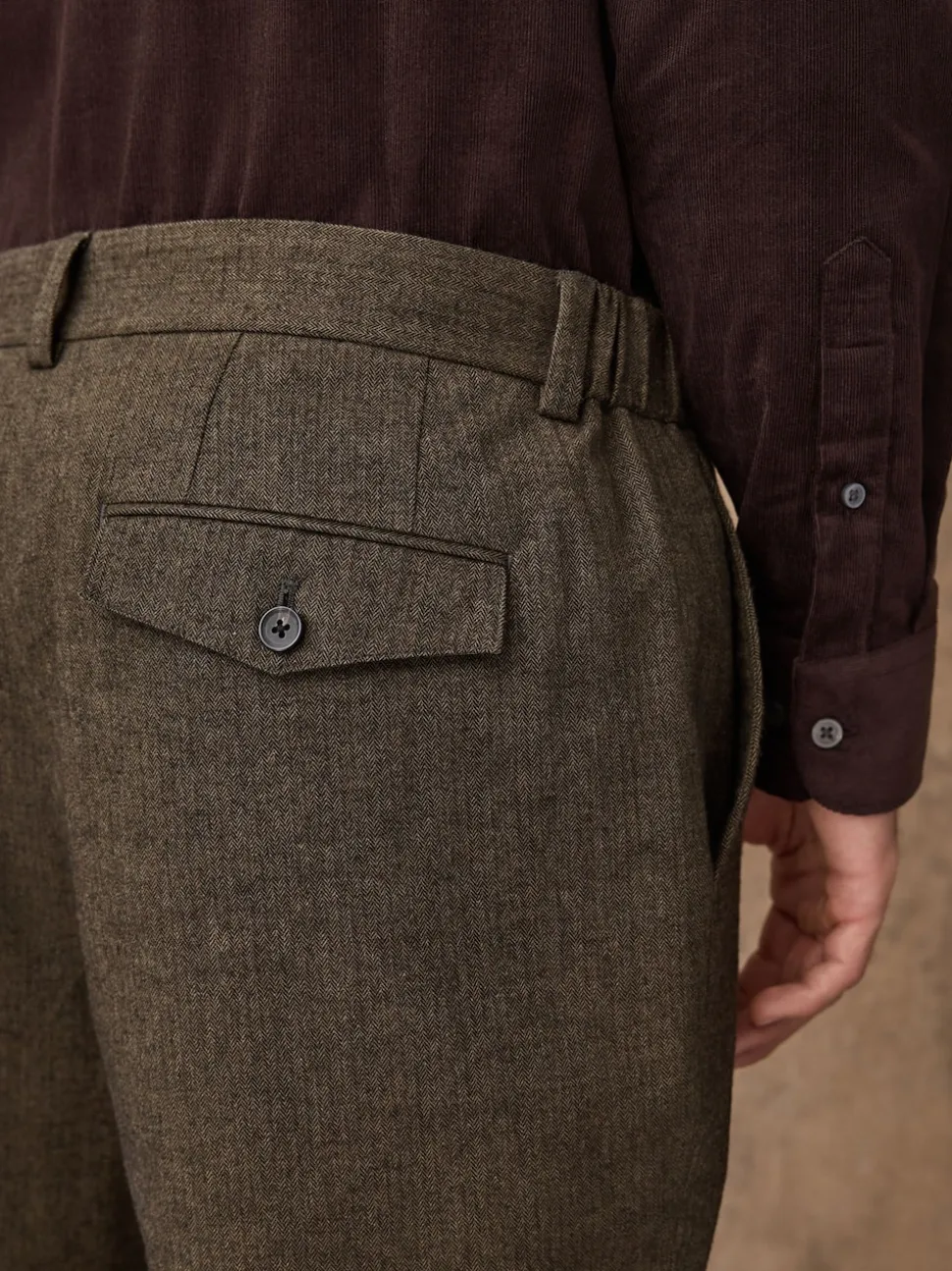 Khaki Green Herringbone Regular Fit Smart Brushed Cotton Trousers