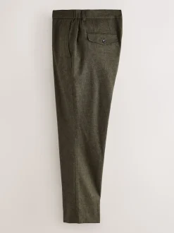 Khaki Green Herringbone Regular Fit Smart Brushed Cotton Trousers