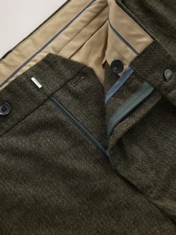 Khaki Green Herringbone Regular Fit Smart Brushed Cotton Trousers