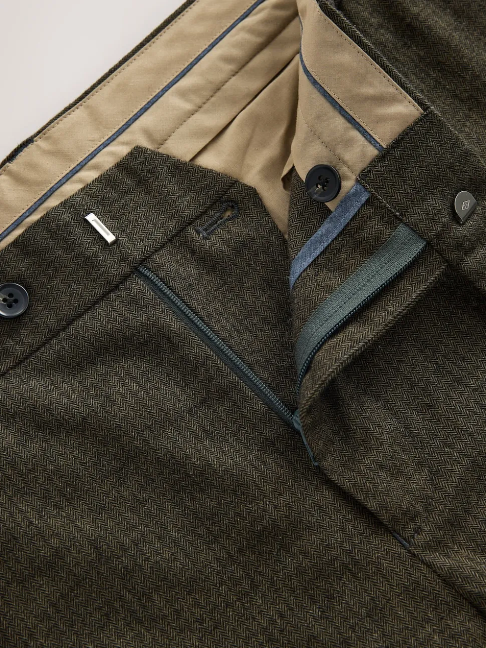 Khaki Green Herringbone Regular Fit Smart Brushed Cotton Trousers