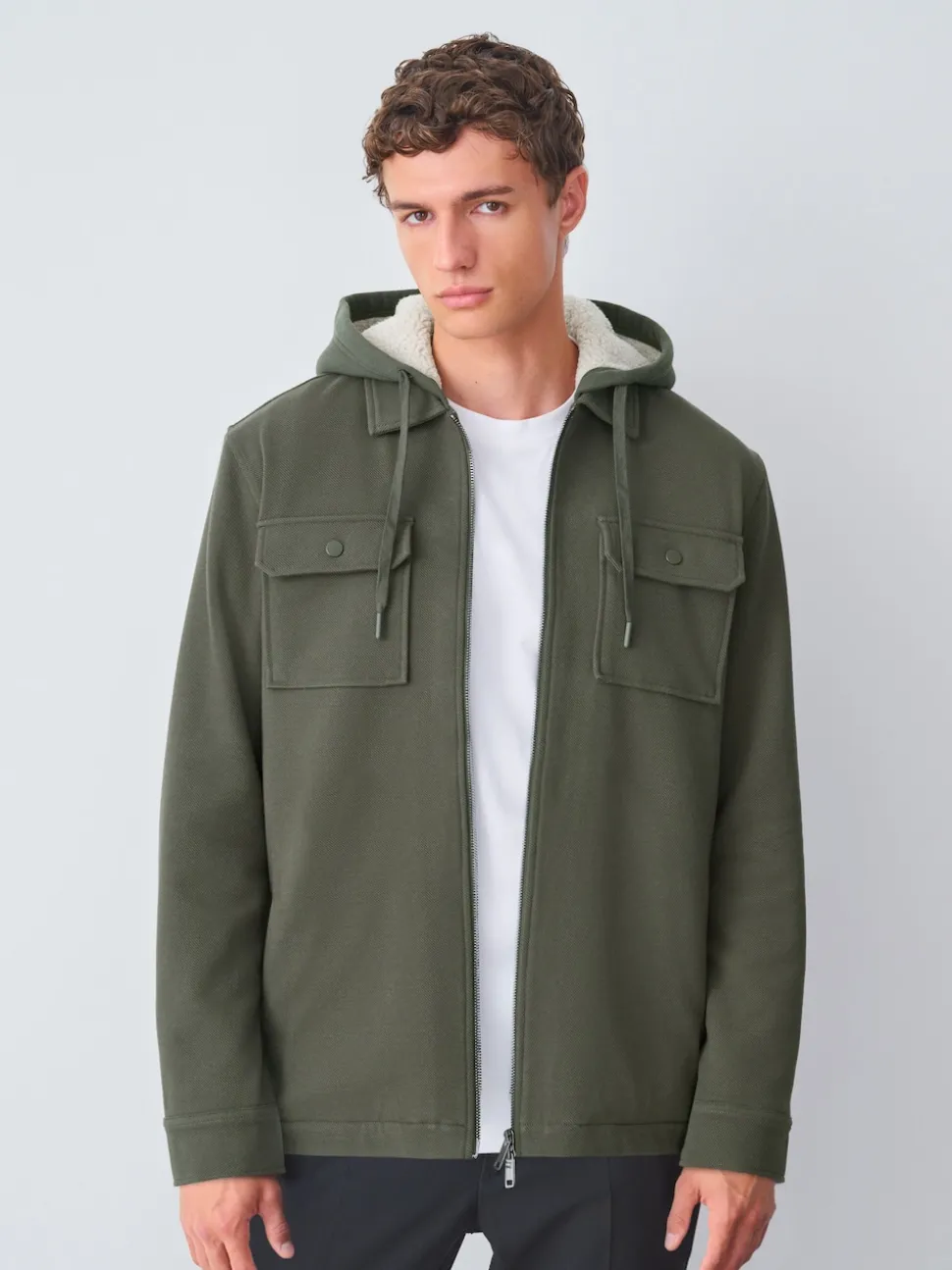 Khaki Green Hooded Borg Fleece Lined Shacket