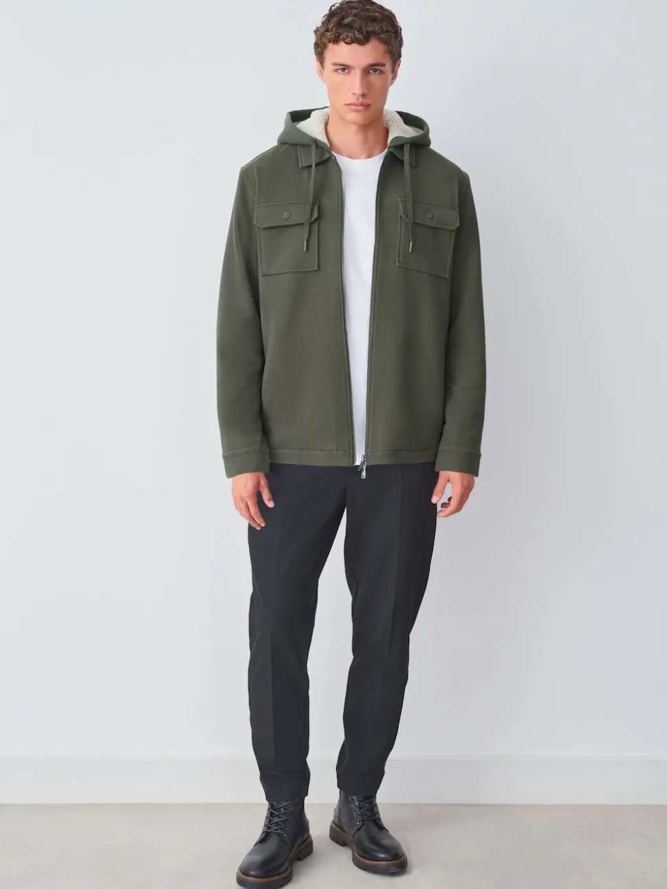 Khaki Green Hooded Borg Fleece Lined Shacket