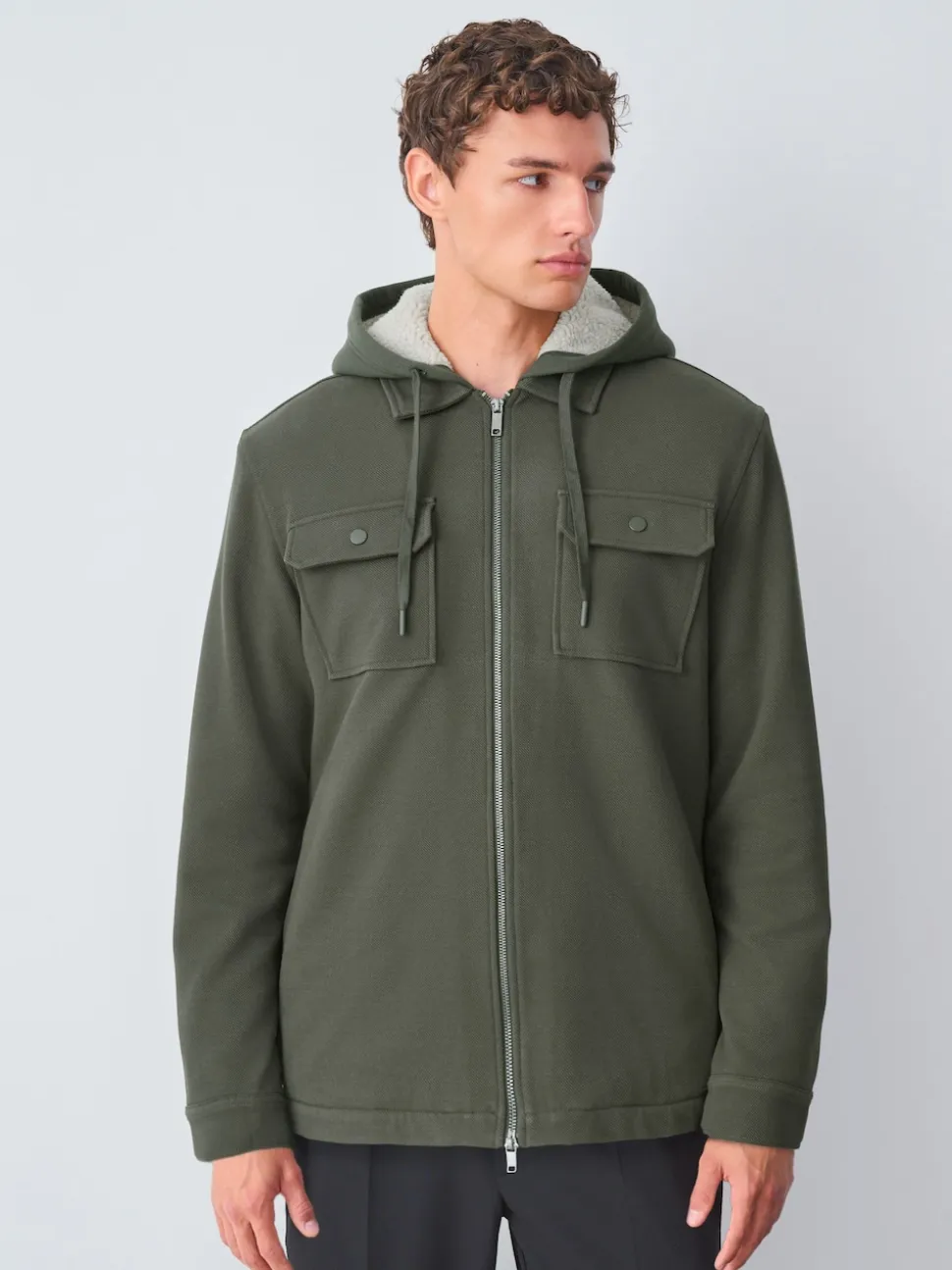 Khaki Green Hooded Borg Fleece Lined Shacket