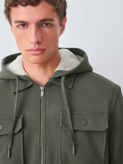 Khaki Green Hooded Borg Fleece Lined Shacket
