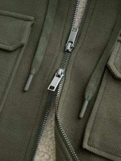 Khaki Green Hooded Borg Fleece Lined Shacket