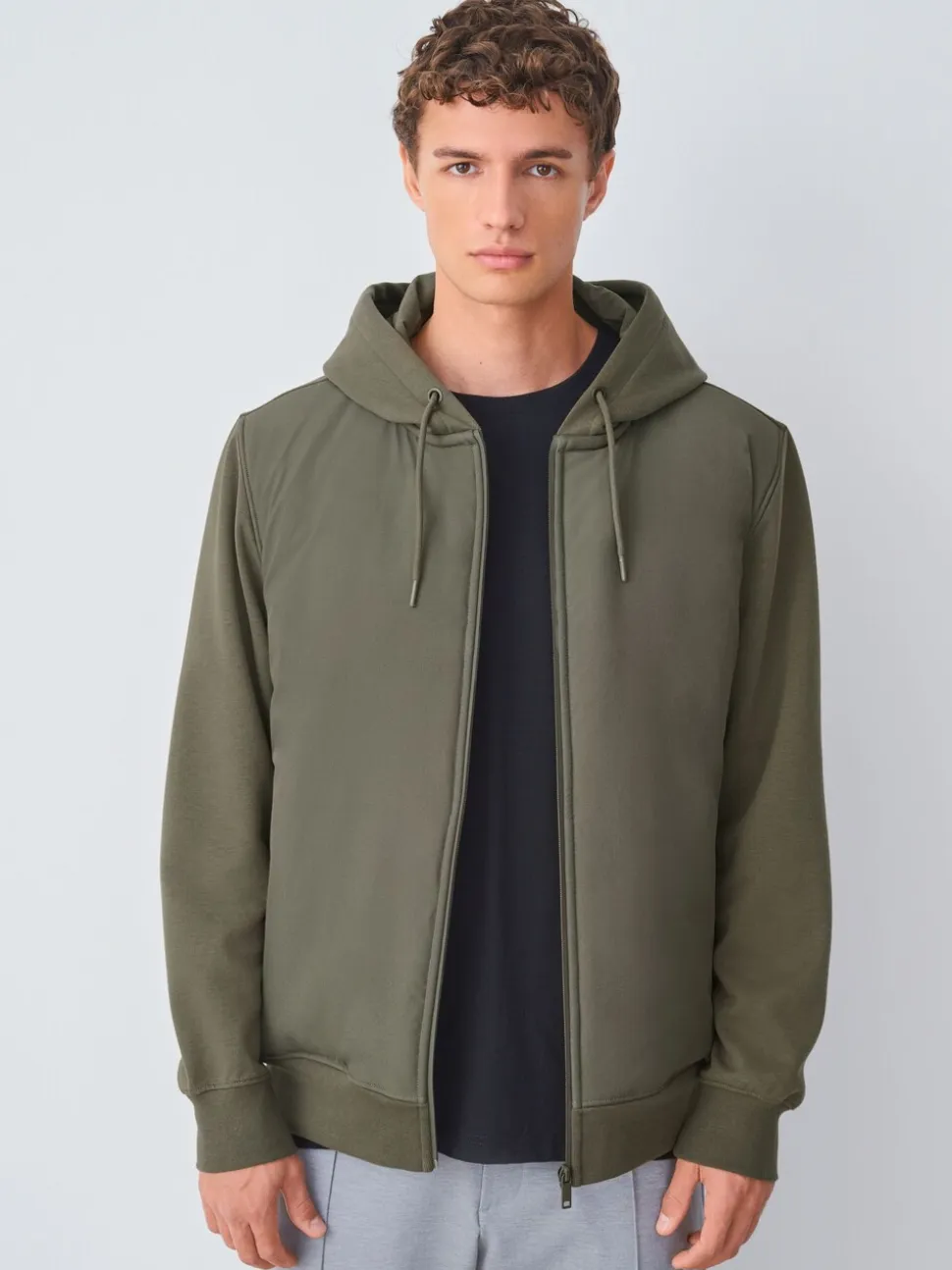 Khaki Green Hooded Hybrid Full Zip Jacket